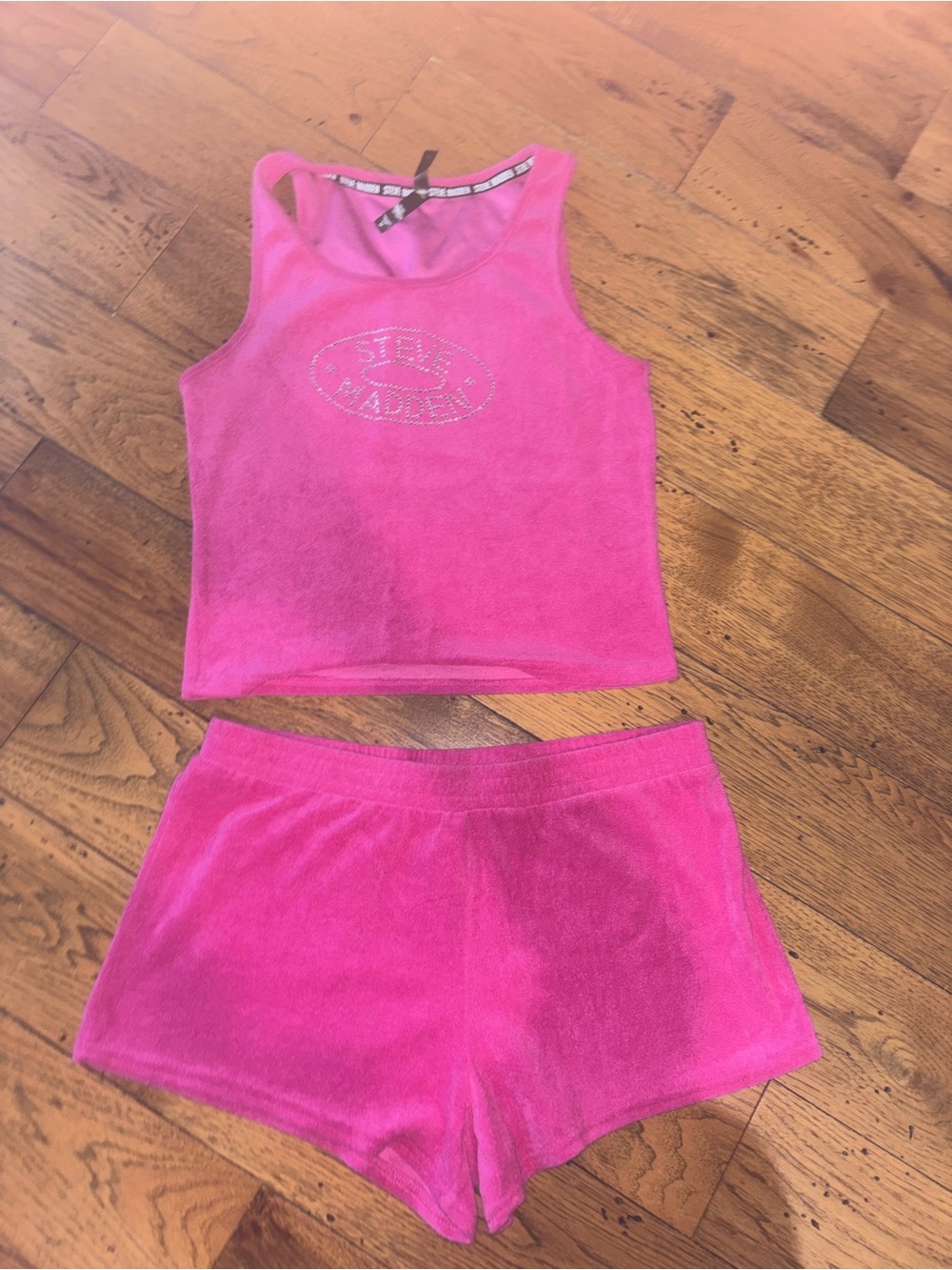 Steve Madden Women’s Bright Pink Terry Tank & Shorts Set Rhinestone Logo Sz M